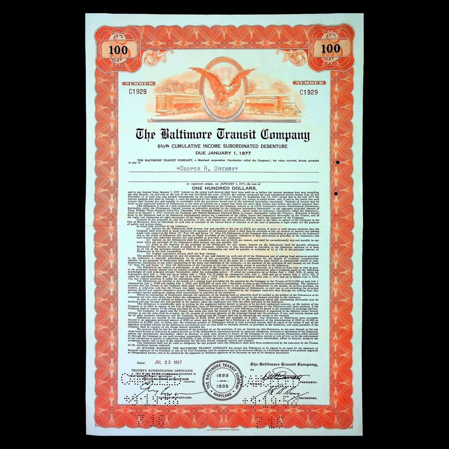 The Baltimore Transit Company Bond Certificate from 1950s