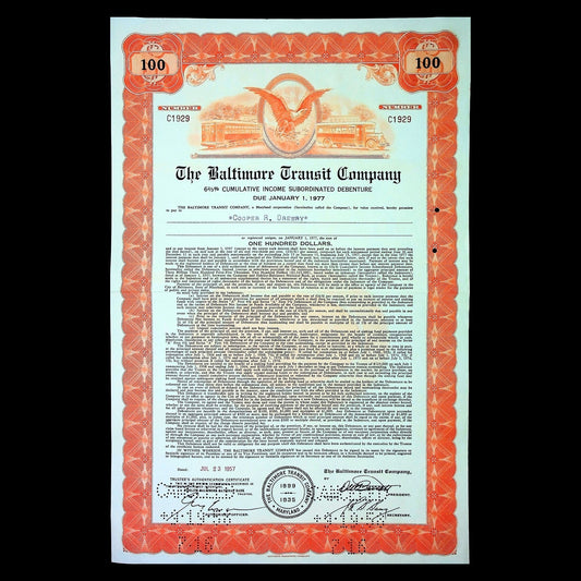 The Baltimore Transit Company Bond Certificate from 1950s