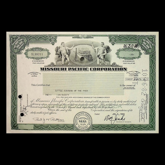 Missouri Pacific Corporation stock certificate with green and white design