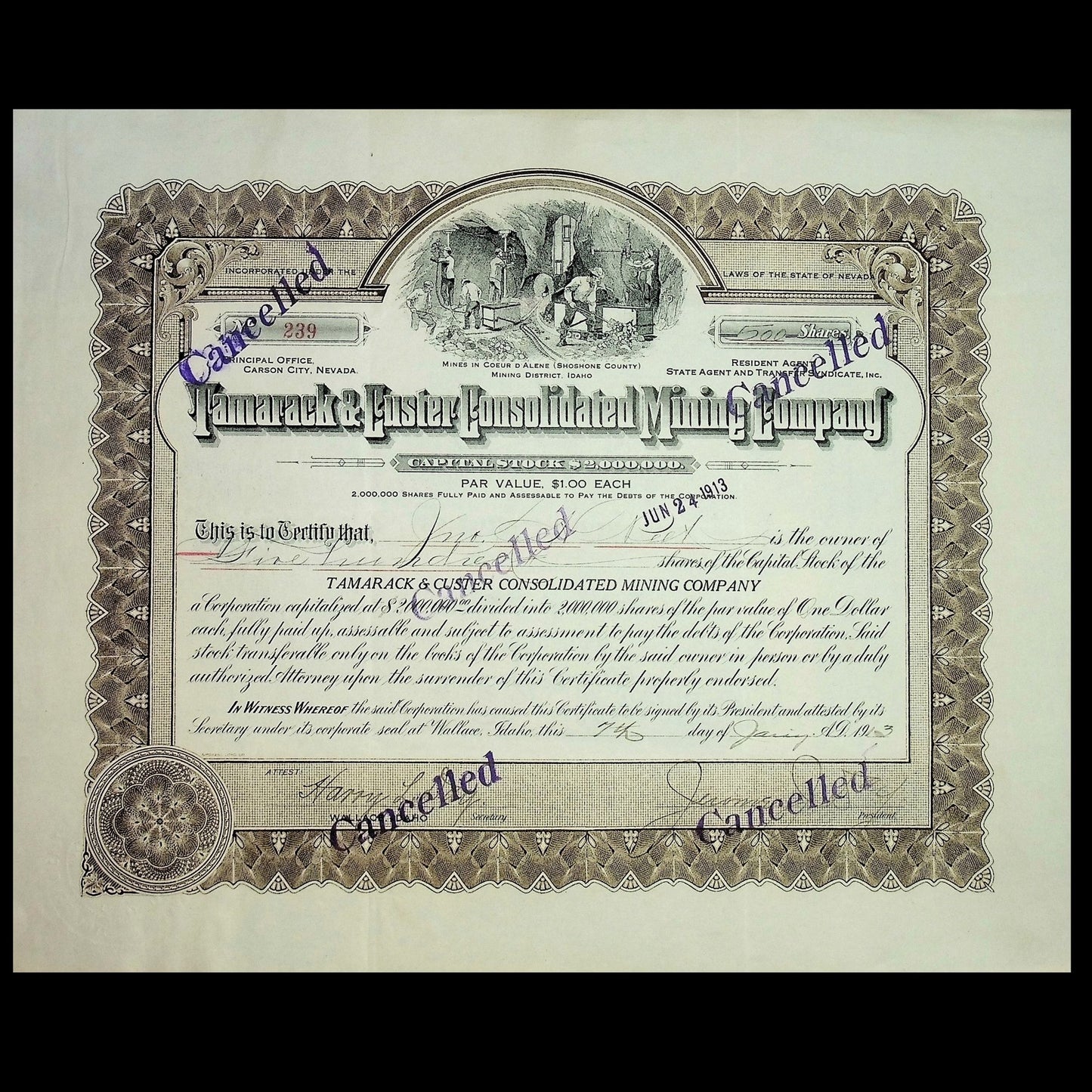 杰罗姆·戴 (Jerome Day) 签署的 1916 年爱达荷州塔马拉克和卡斯特联合矿业公司股票证书