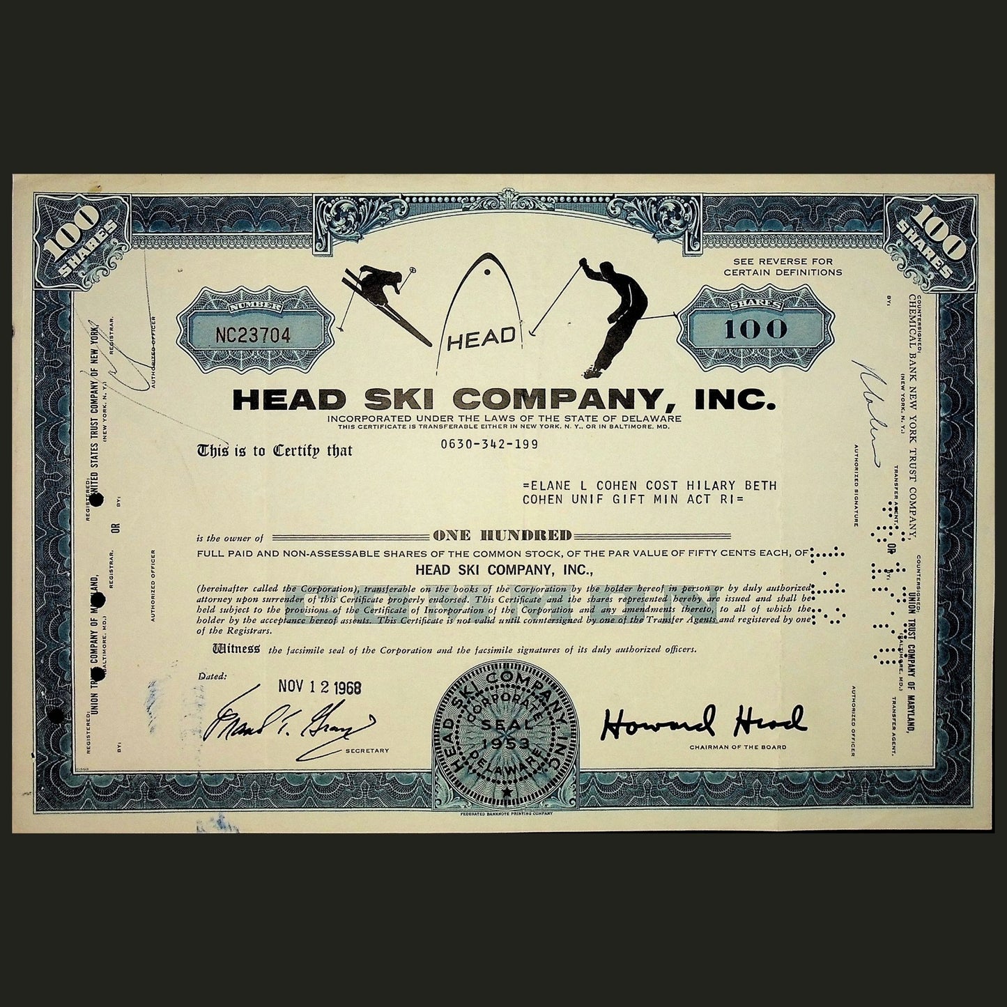 1968 年 Head Ski Company 股票证书