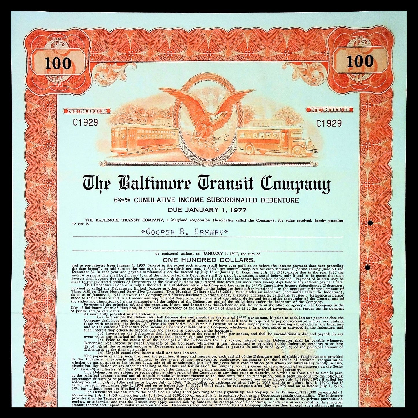 The Baltimore Transit Company Bond Certificate from 1950s