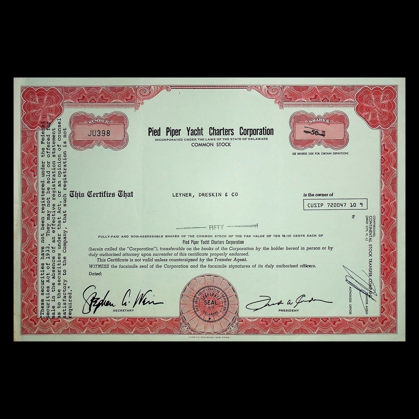 Stock certificate for Pied Piper Yacht Charters Corporation with red and green design.