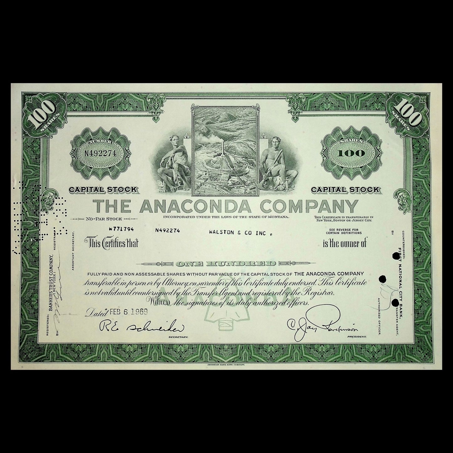 20 世纪 60 年代的 Anaconda 公司(铜矿开采)股票证书