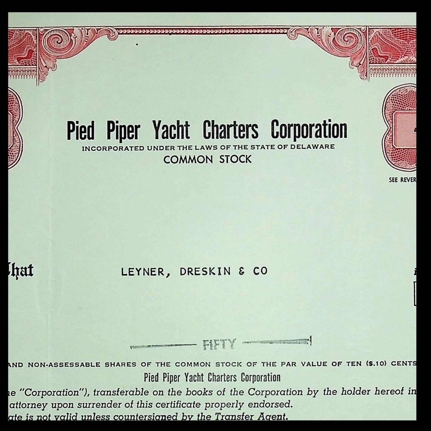 Pied Piper Yacht Charters Corporation Stock Certificate