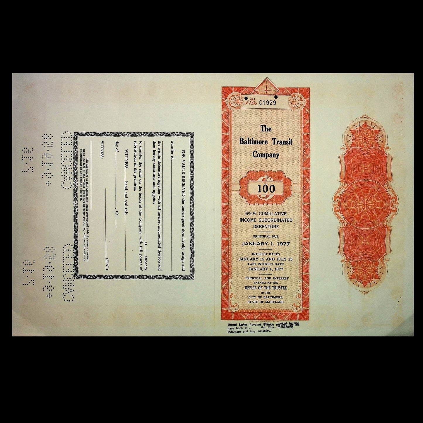 The Baltimore Transit Company Bond Certificate from 1950s