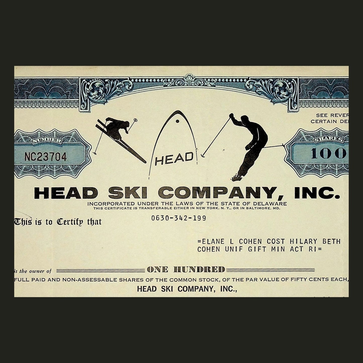 1968 年 Head Ski Company 股票证书
