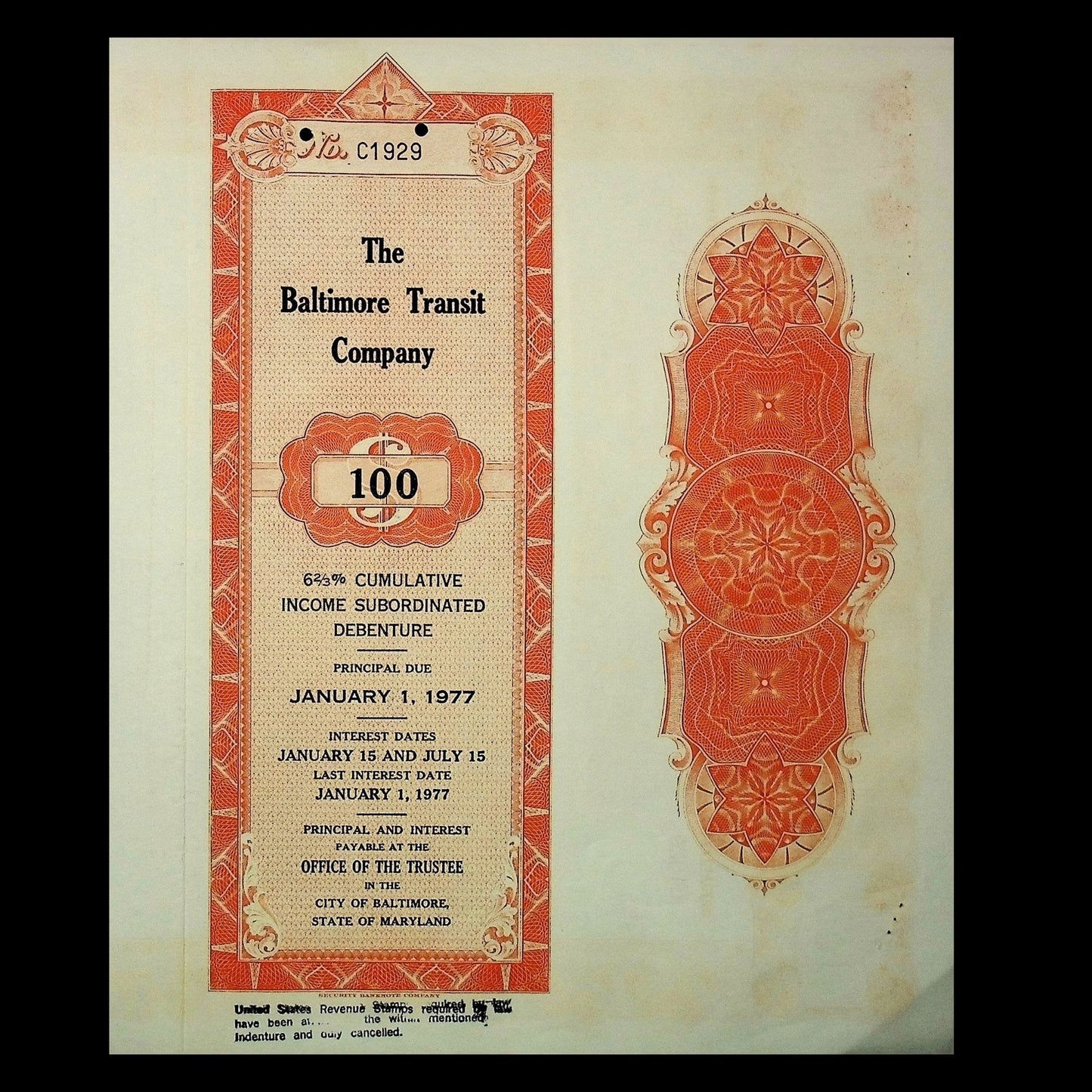 The Baltimore Transit Company Bond Certificate from 1950s