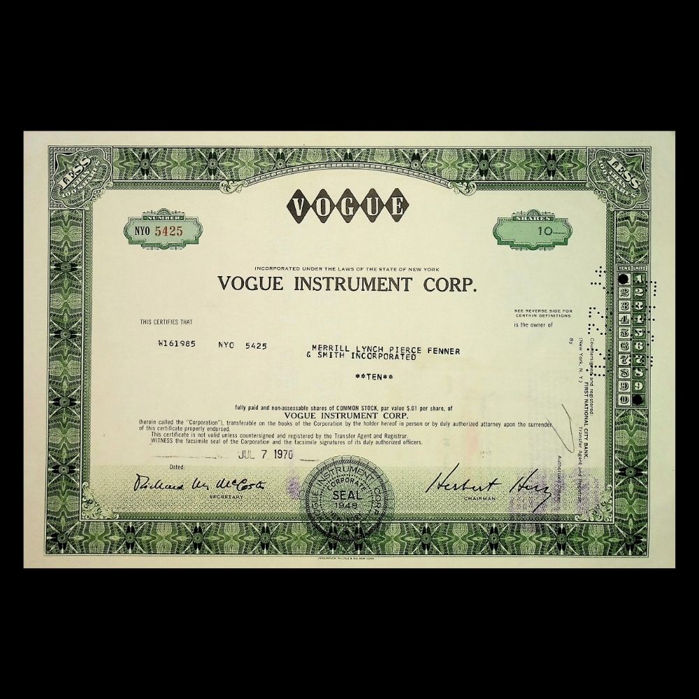Vogue Instrument Corporation Stock Certificate from 1970s