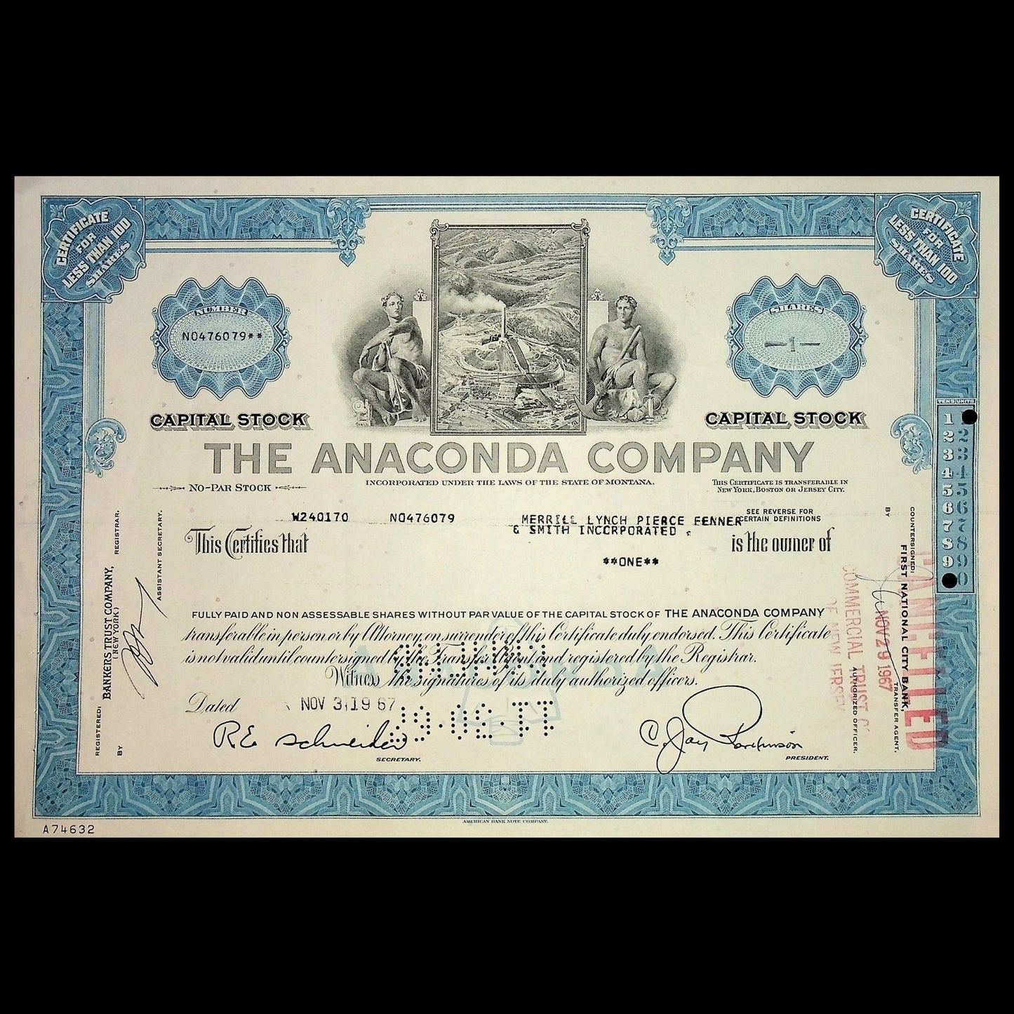 20 世纪 60 年代的 Anaconda 公司(铜矿开采)股票证书