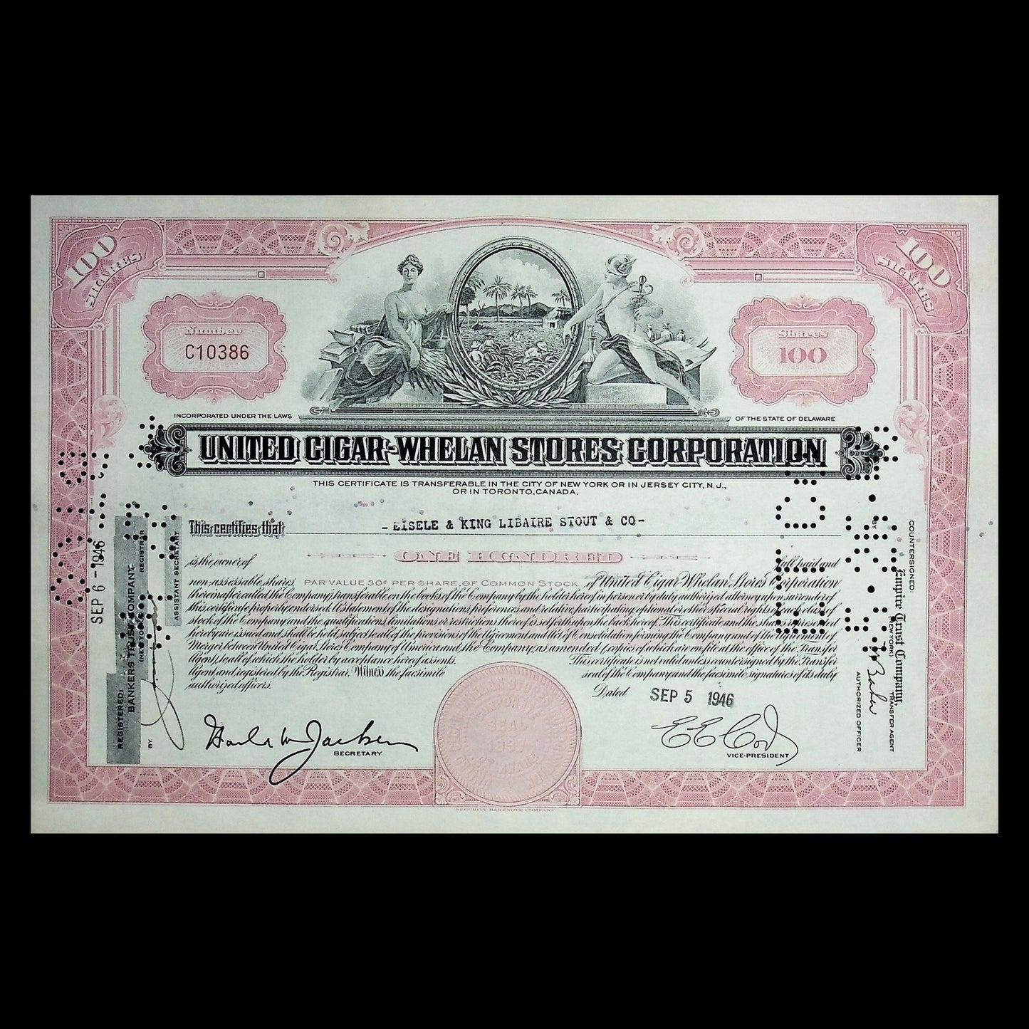 United Cigar-Whelan Stores Corporation Stock Certificate from 1940s