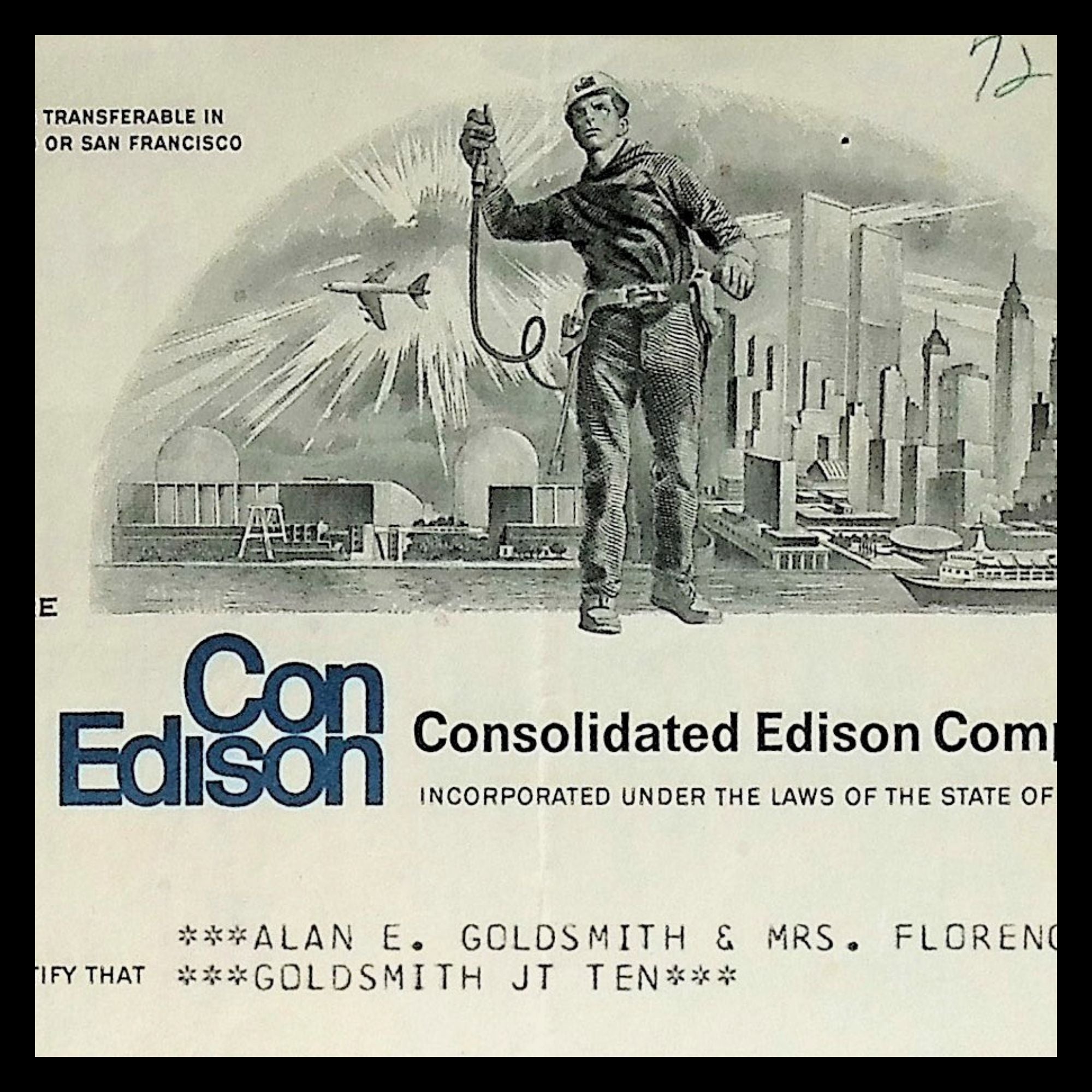 ConEd (Consolidated Edison Company of New York) Stock Certificate - Featuring Twin Towers / NYC Skyline