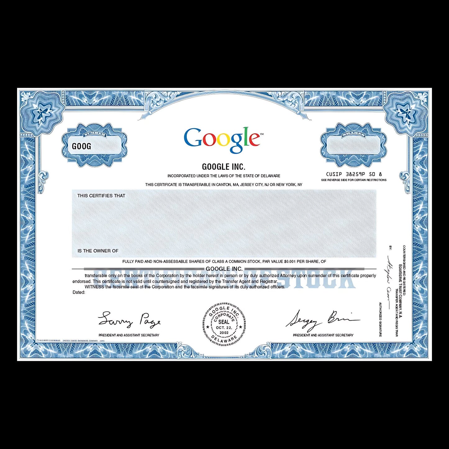 Google 股票证书复制品空白明信片
