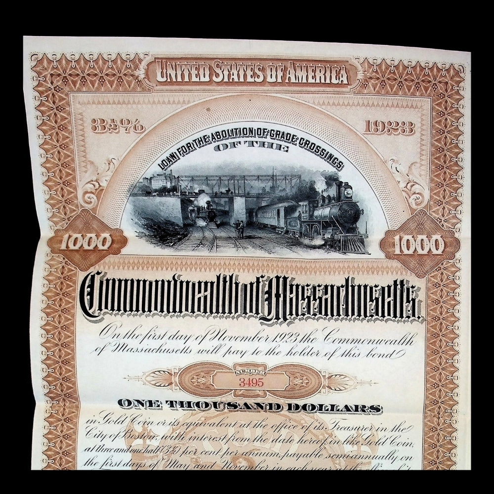 Commonwealth of Massachusetts Bond Certificate from 1896 with Coupons