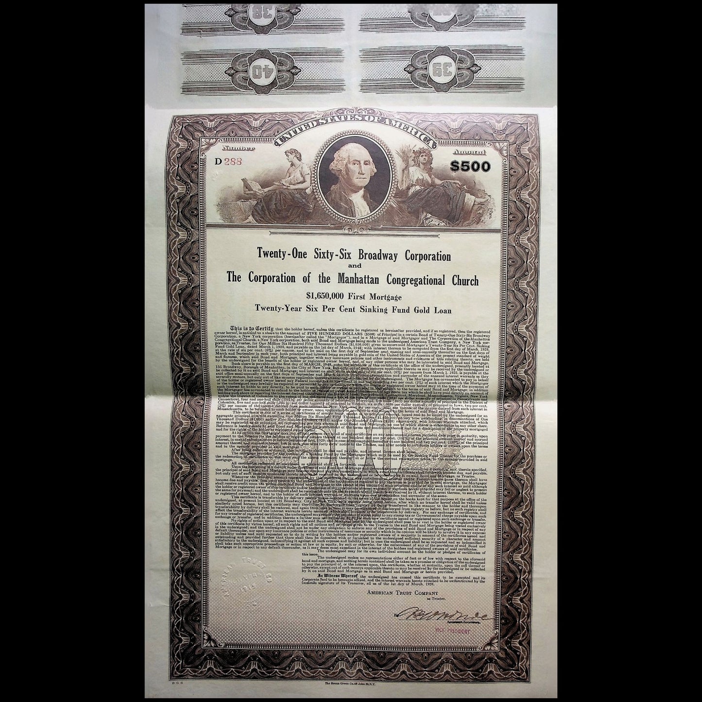 Twenty-One Sixty-Six Broadway Corporation Bond Certificate Manhattan Church with coupons from 1928