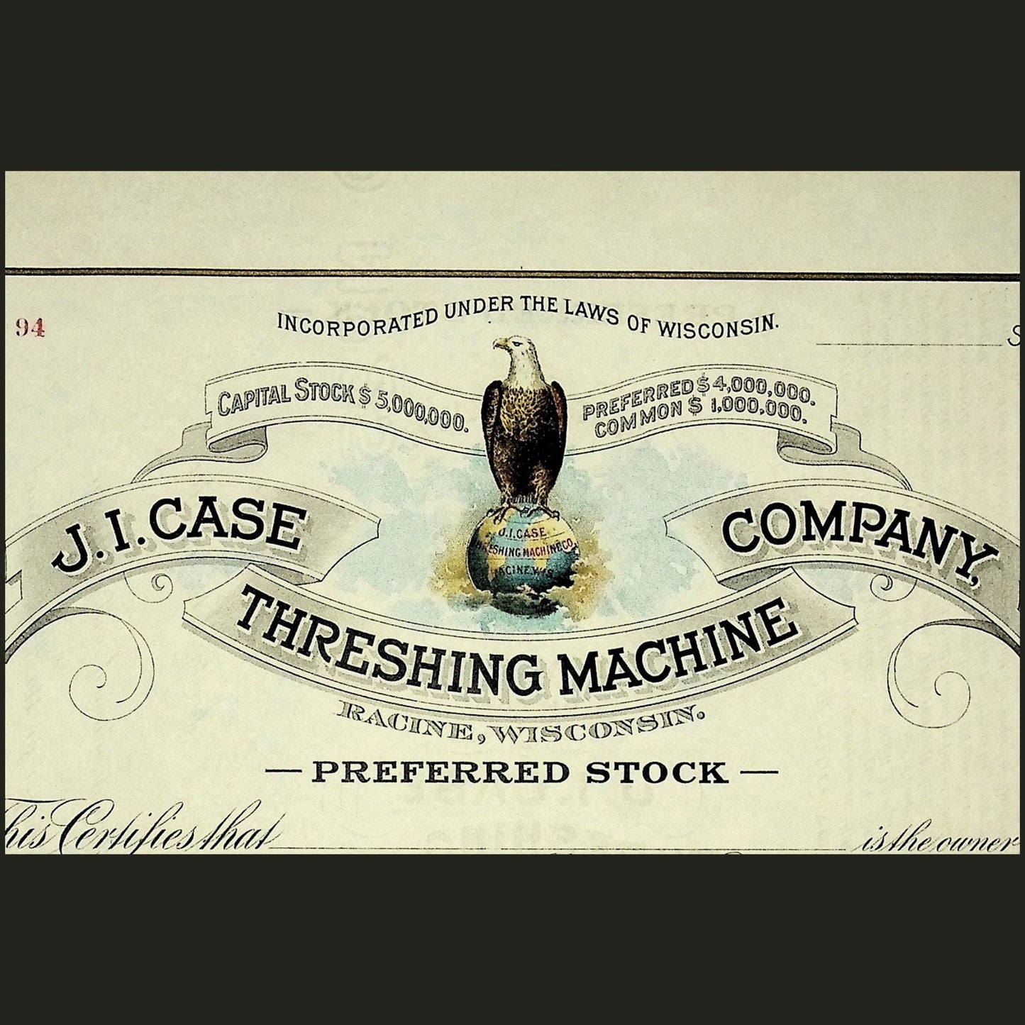 JI Case Company 脱粒机公司股票证书(1907 年)- 未发行