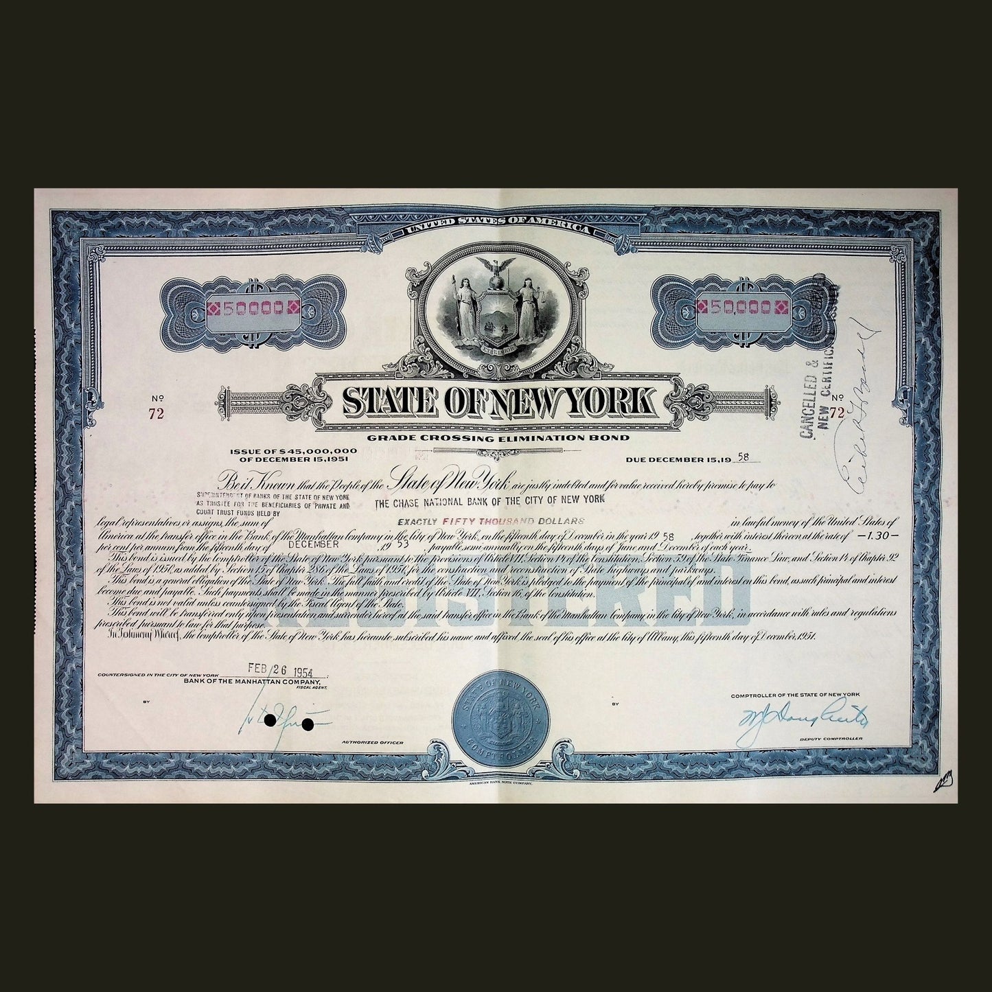 State of New York Grade Crossing Elimination Bond Certificate from 1950s
