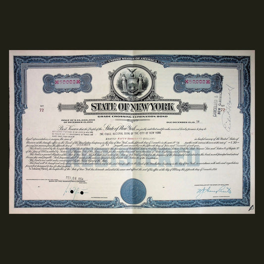 State of New York Grade Crossing Elimination Bond Certificate from 1950s