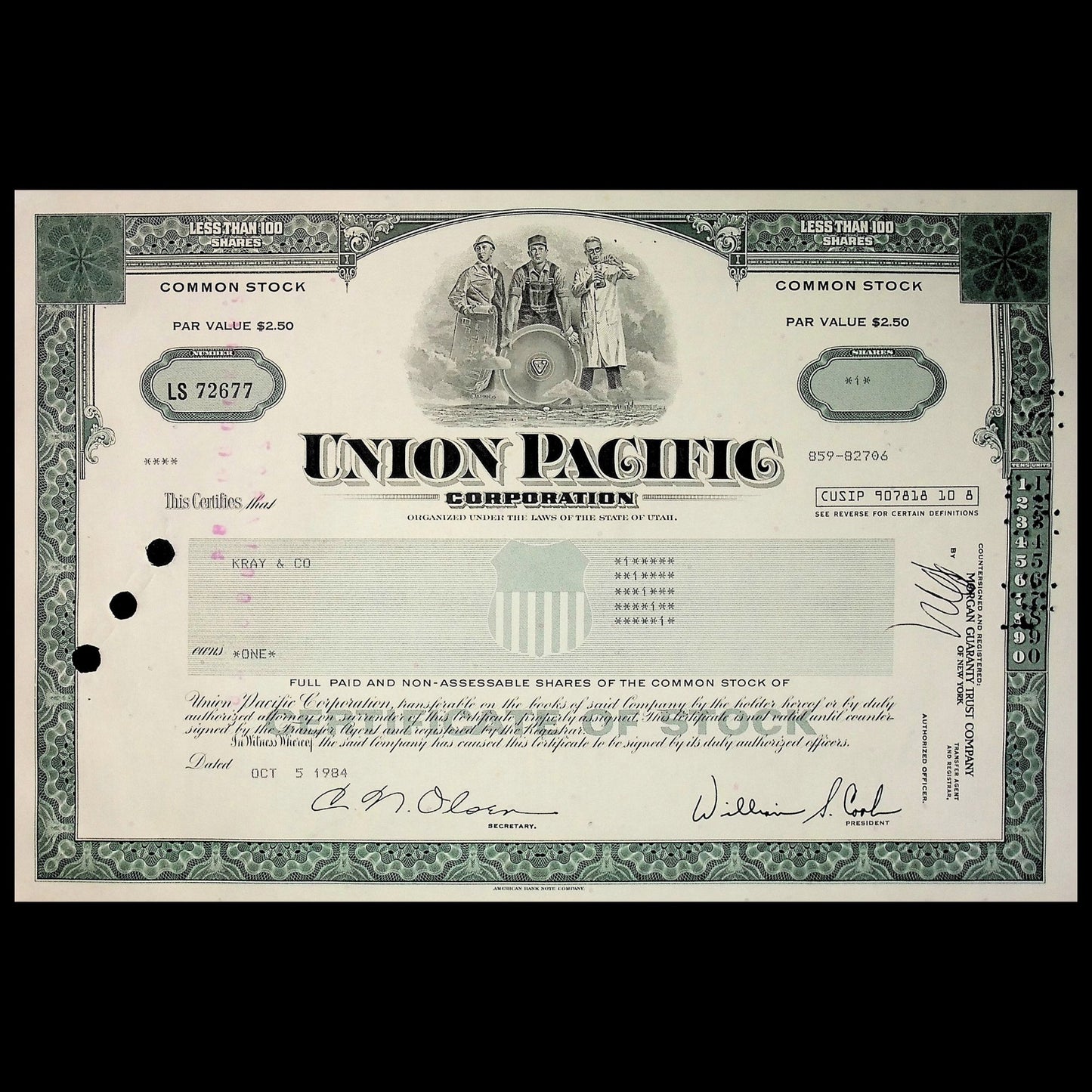 Union Pacific Stock Certificate from 1970s to 1980s