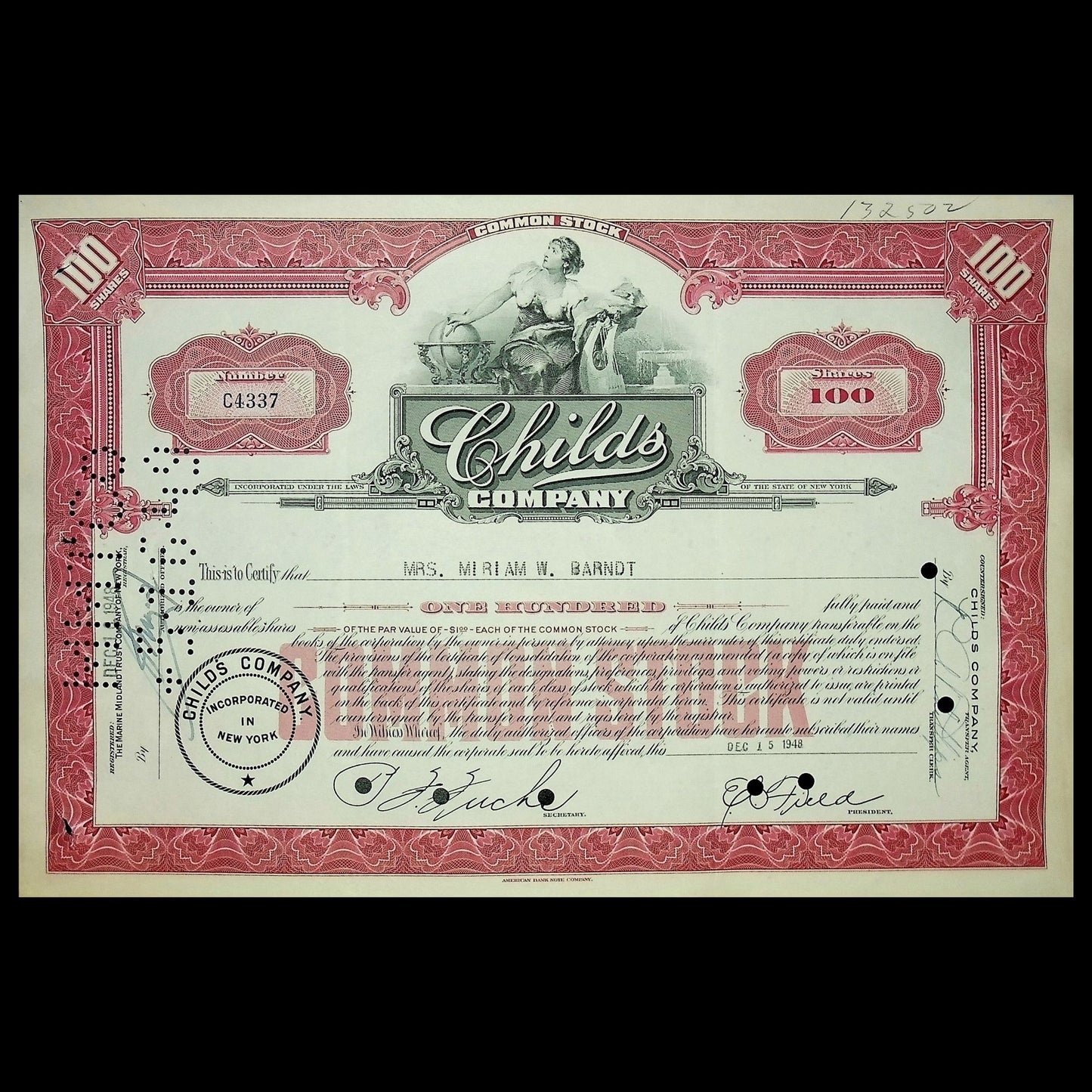 Childs Company Stock Certificate from 1940s