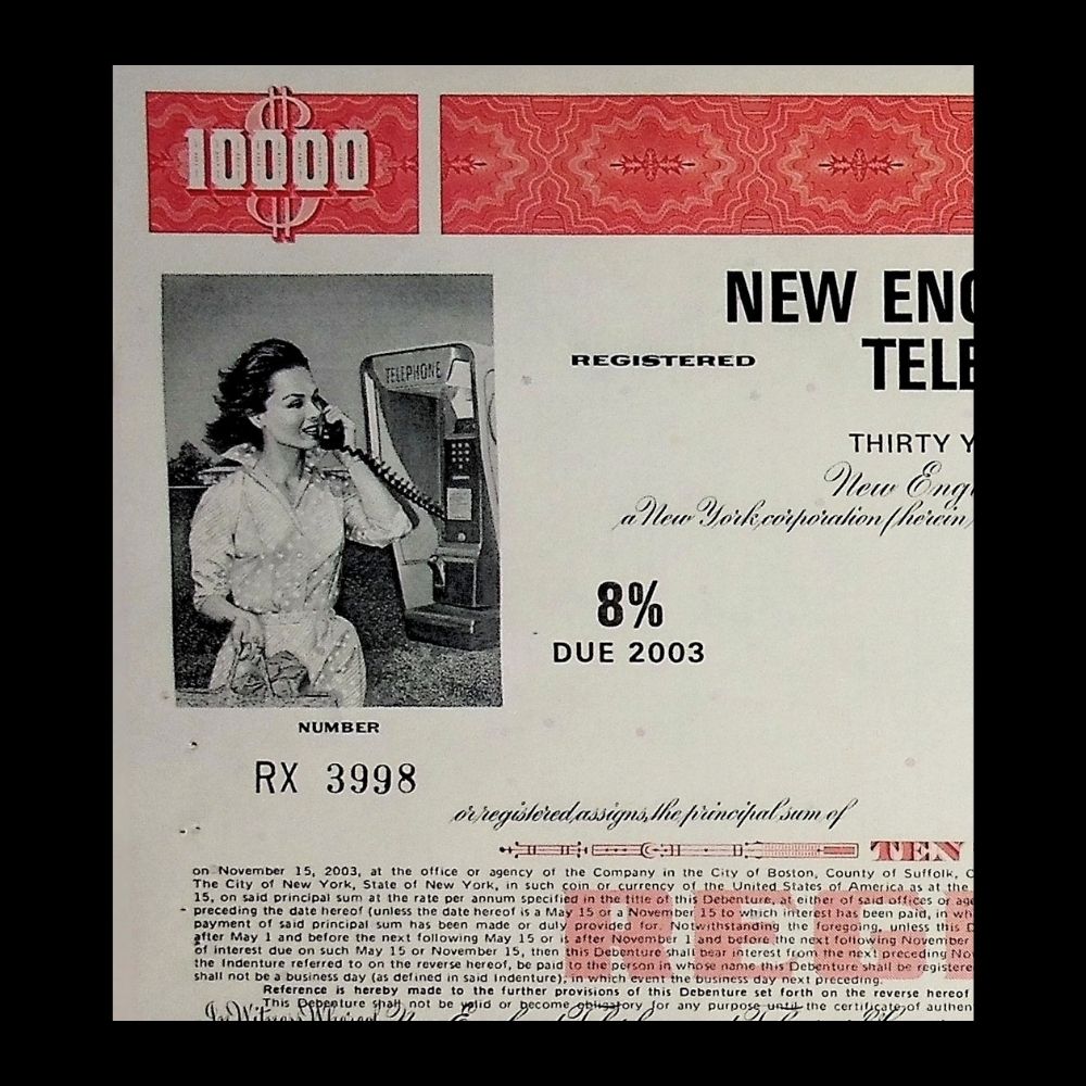 New England Telephone and Telegraph Company Stock Certificate from 1970s – Multi-Color
