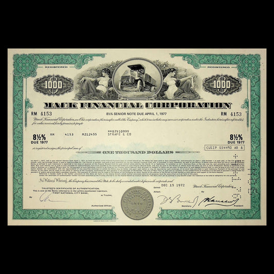 Mack Financial Corp (Trucks) Bond Certificate from 1970s