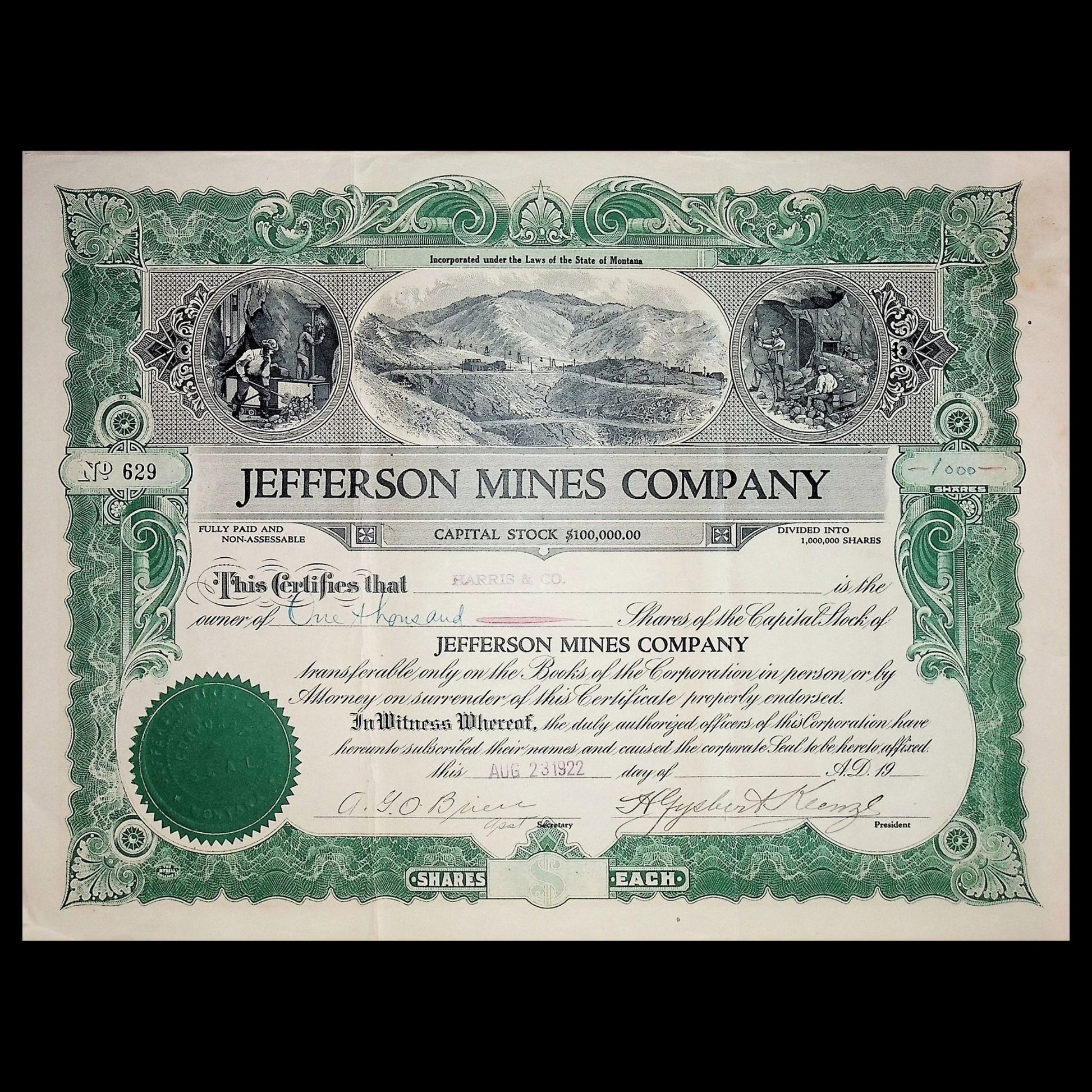 Vintage stock certificate from Jefferson Mines Company, Montana, 1920s.
