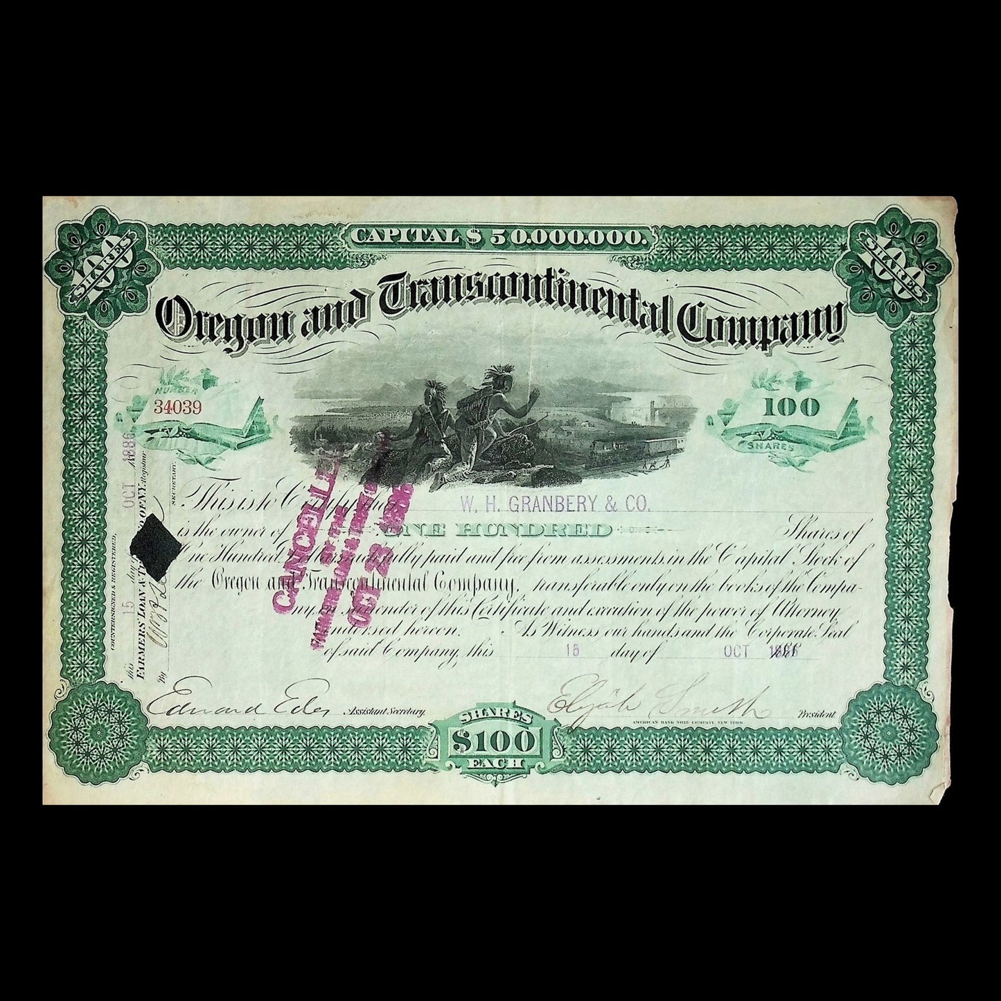 Oregon and Transcontinental Company Stock Certificate from 1886
