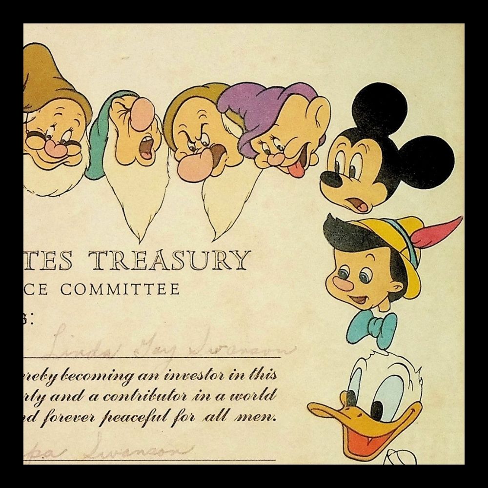 Walt Disney World War 2 US Treasury Bond Certificate from 1945