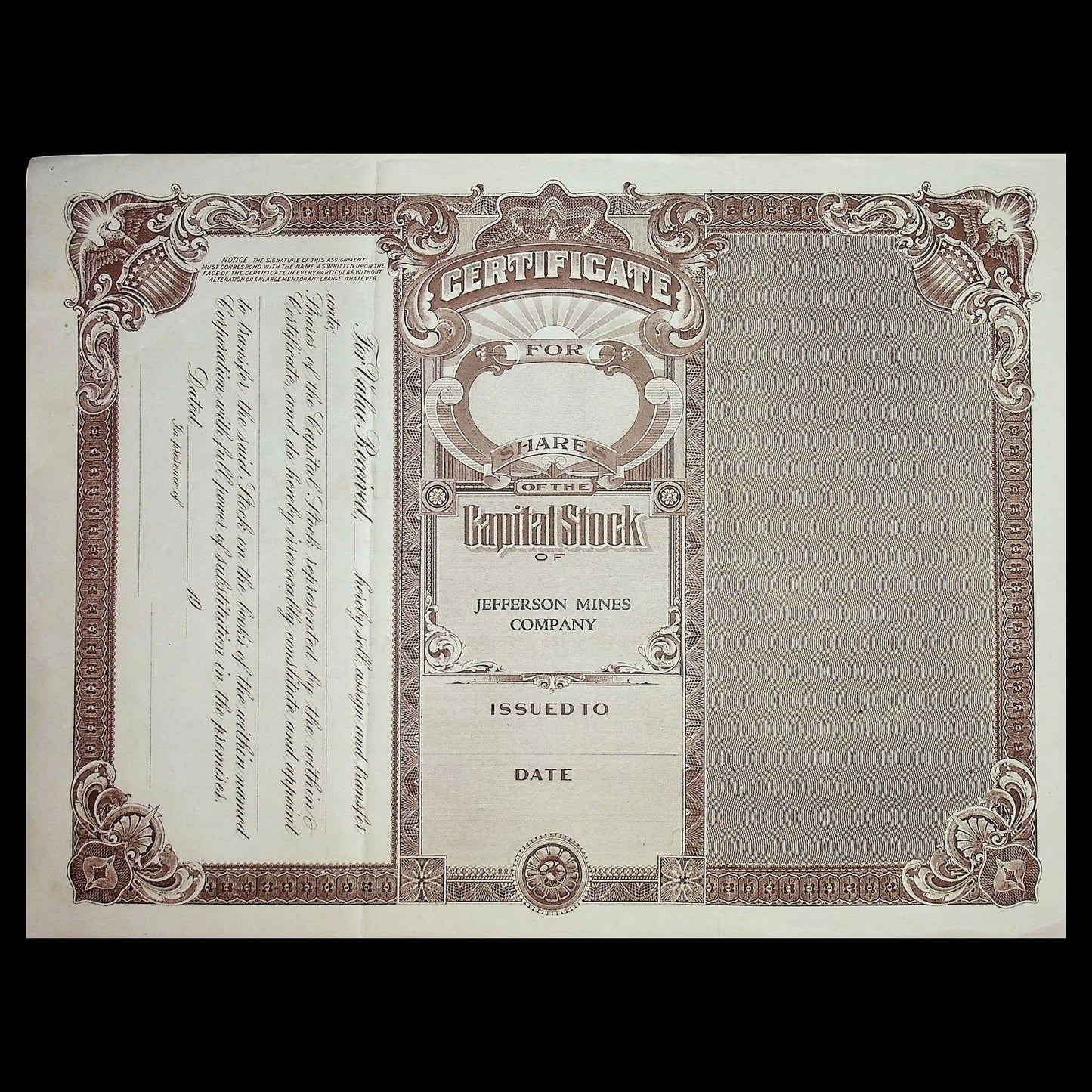 Jefferson Mines Company Stock Certificate (Montana) from 1920s