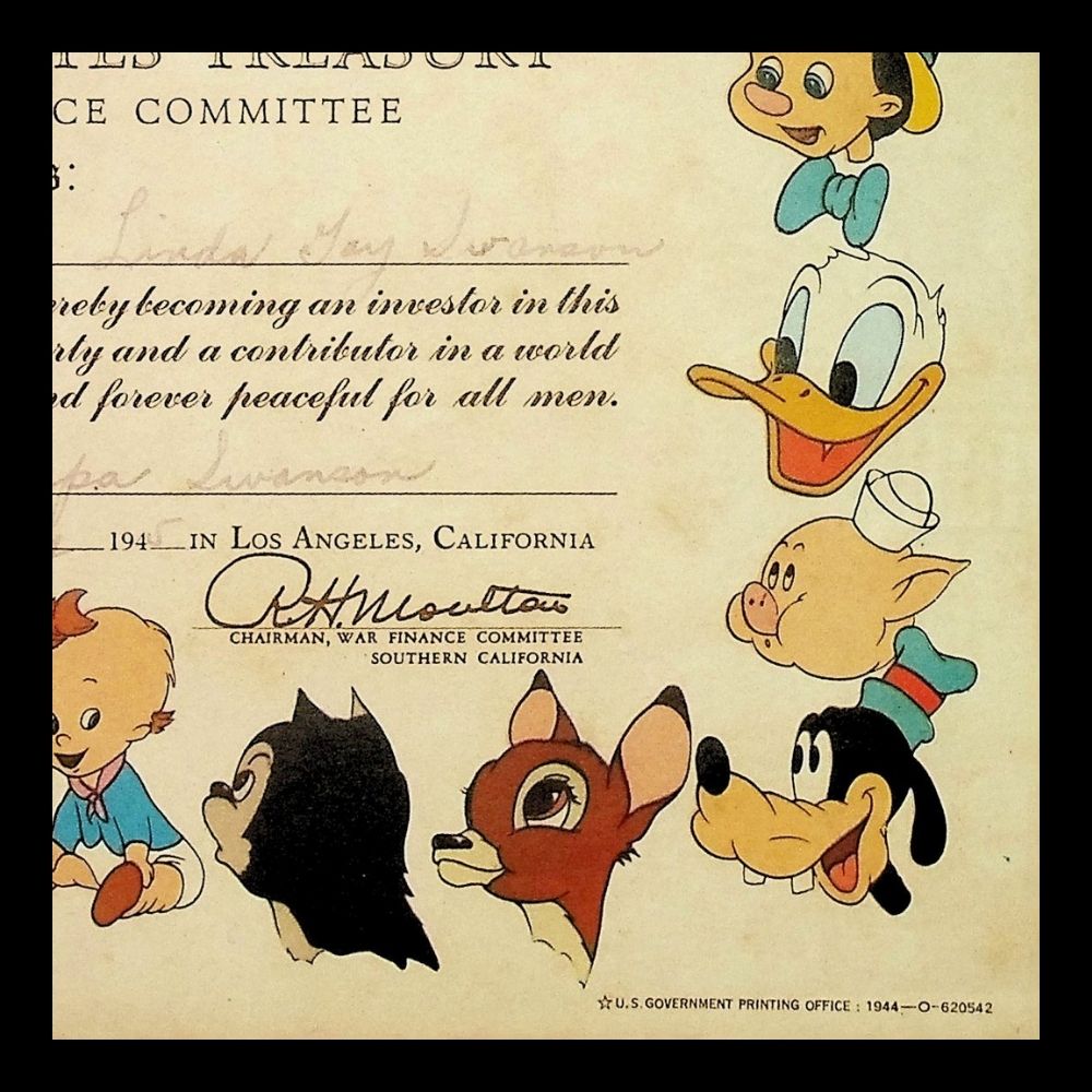 Walt Disney World War 2 US Treasury Bond Certificate from 1945