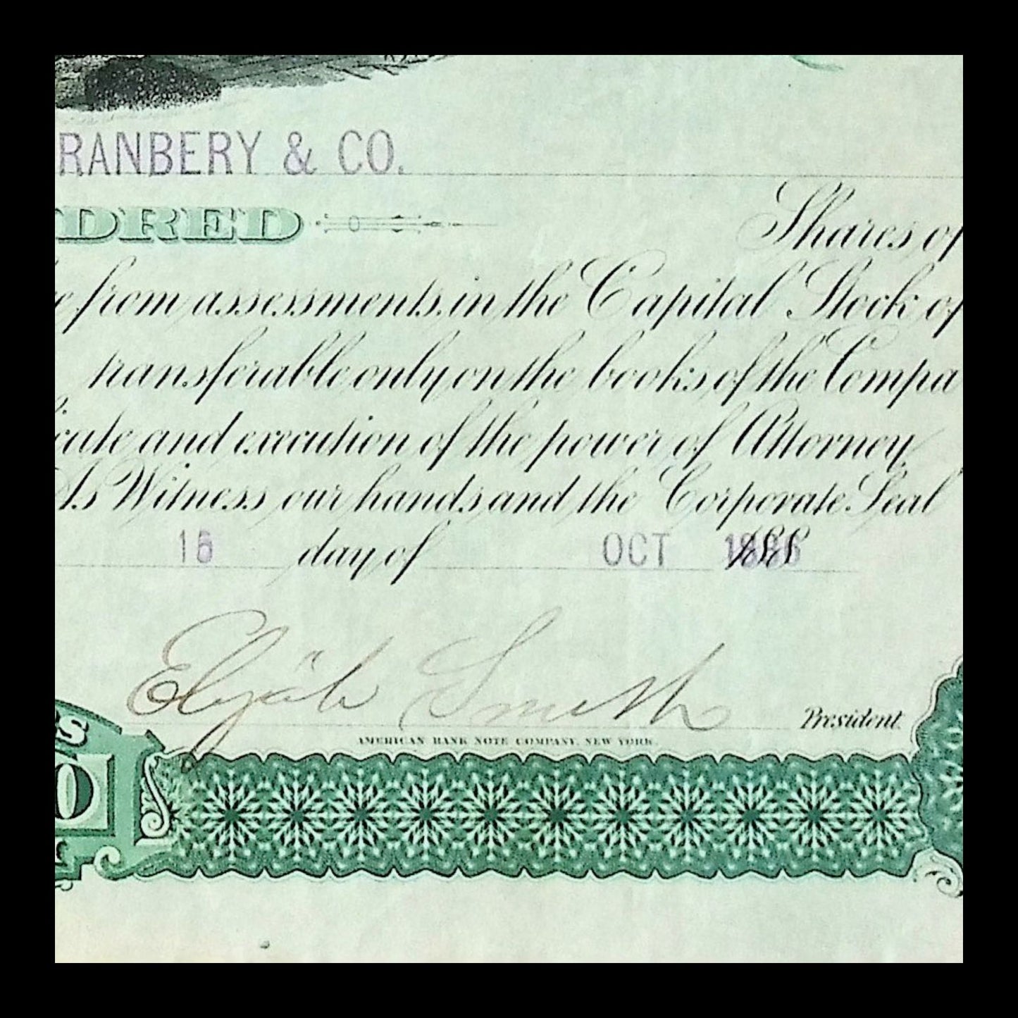 Oregon and Transcontinental Company Stock Certificate from 1886