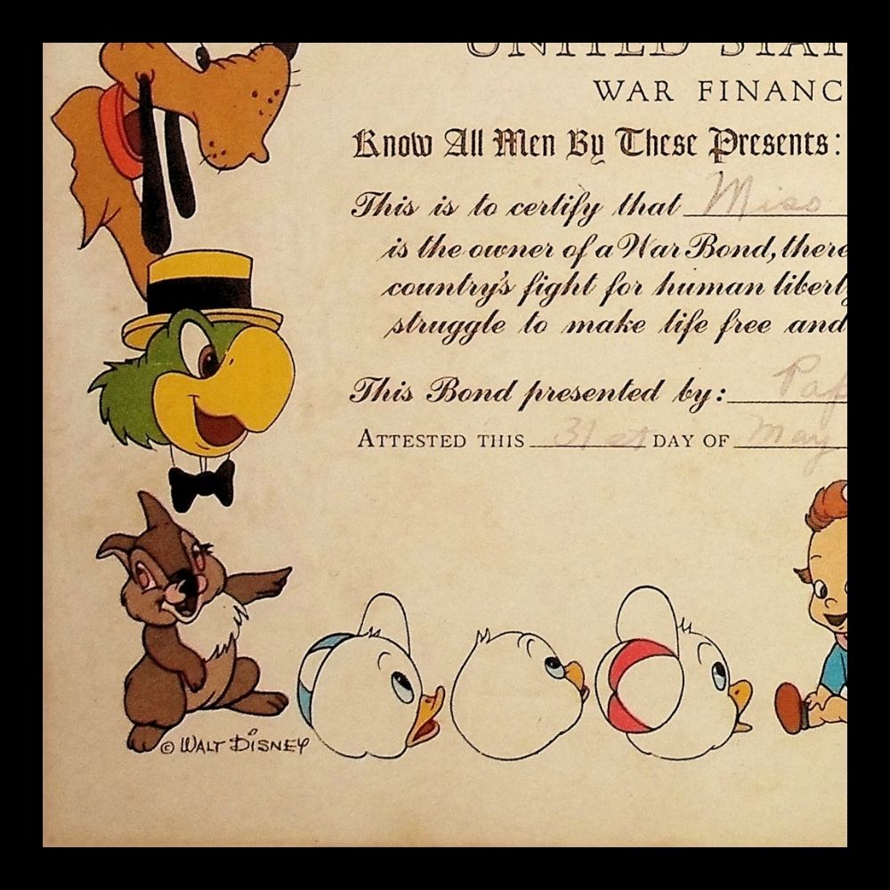 Walt Disney World War 2 US Treasury Bond Certificate from 1945