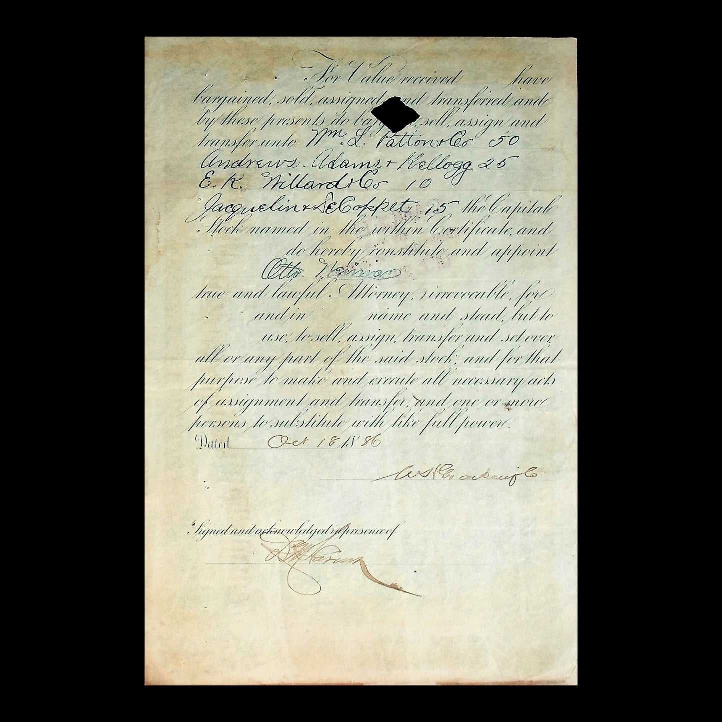 Oregon and Transcontinental Company Stock Certificate from 1886