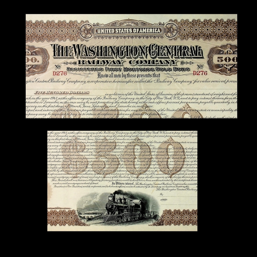 Washington Central Railway Company Unissued Gold Bond Certificate from 1900