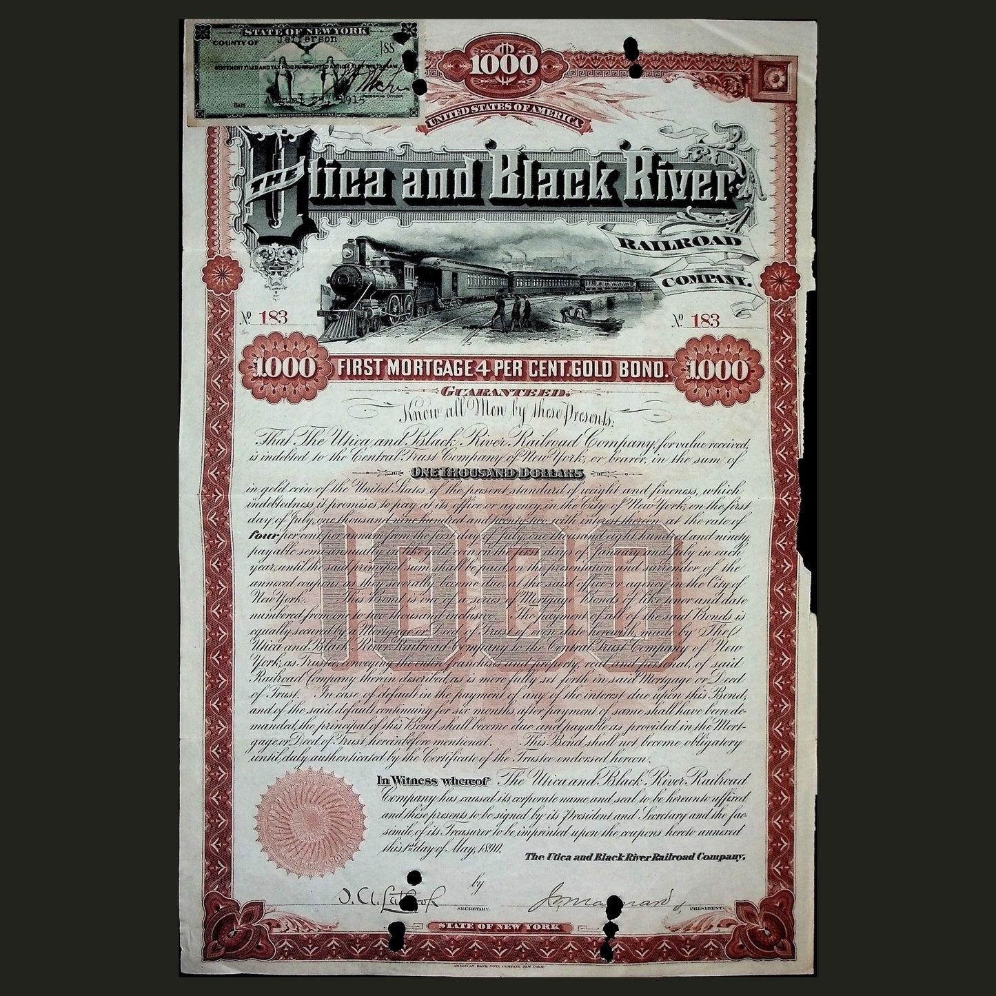 1890 年尤蒂卡和黑河铁路公司债券