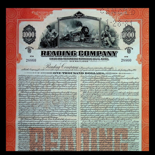 Reading Company (Railroad) Bond Certificate 1945 with coupons