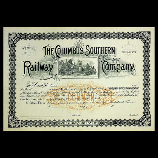 The Columbus Southern Railway Company Unissued Stock Certificate from 1800s