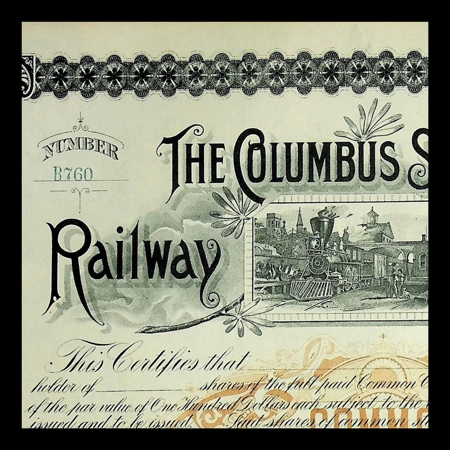 The Columbus Southern Railway Company Unissued Stock Certificate from 1800s