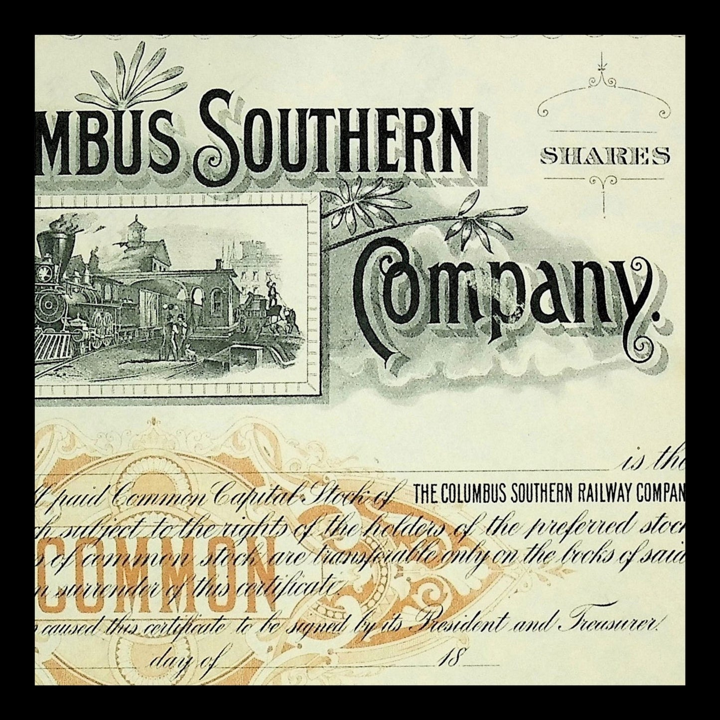 The Columbus Southern Railway Company Unissued Stock Certificate from 1800s