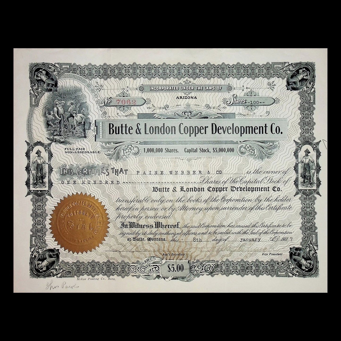 1907 年布特和伦敦铜业发展公司股票证书(蒙大拿州)