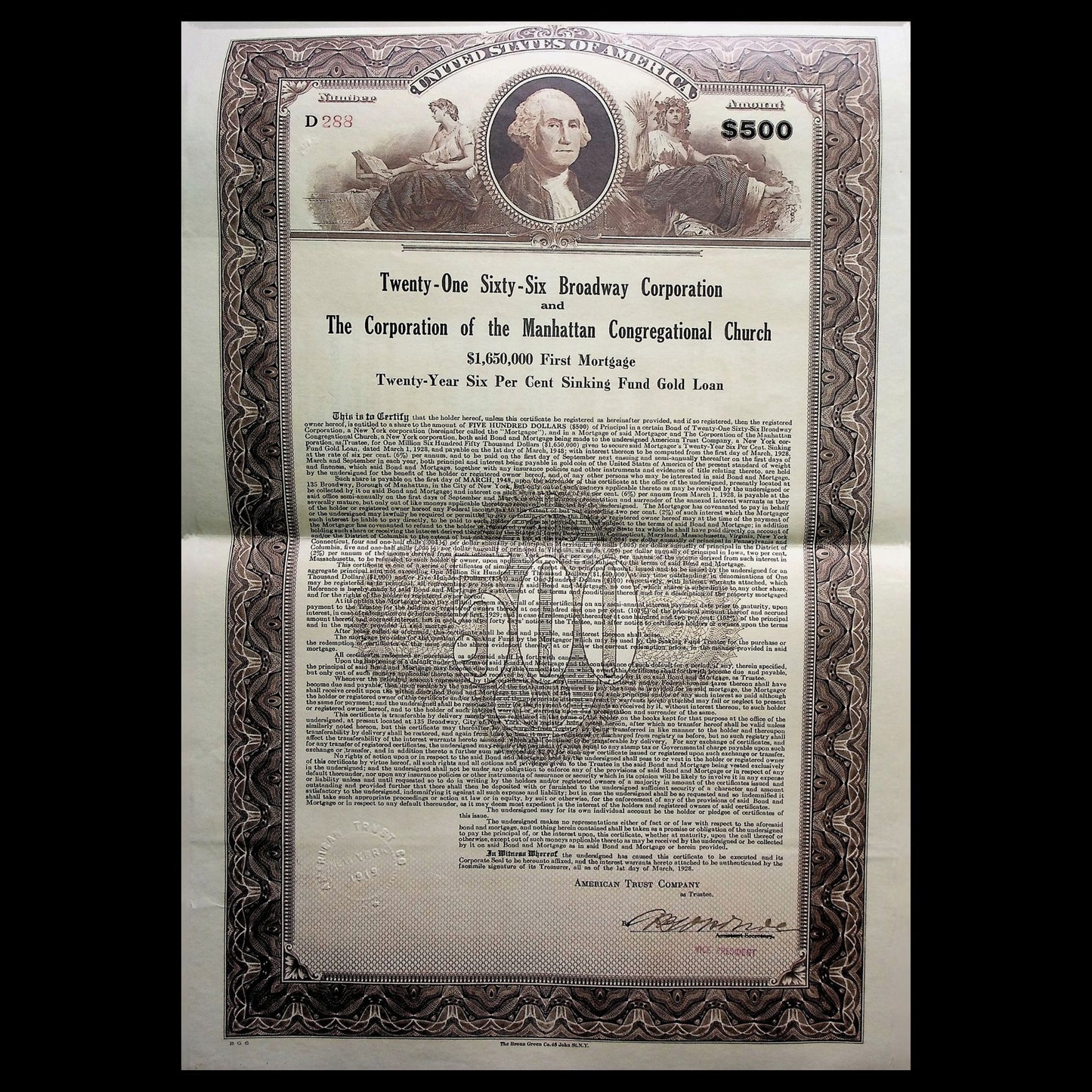 Twenty-One Sixty-Six Broadway Corporation Bond Certificate Manhattan Church with coupons from 1928