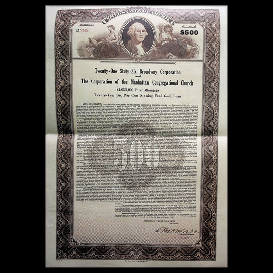 Twenty-One Sixty-Six Broadway Corporation Bond Certificate Manhattan Church with coupons from 1928