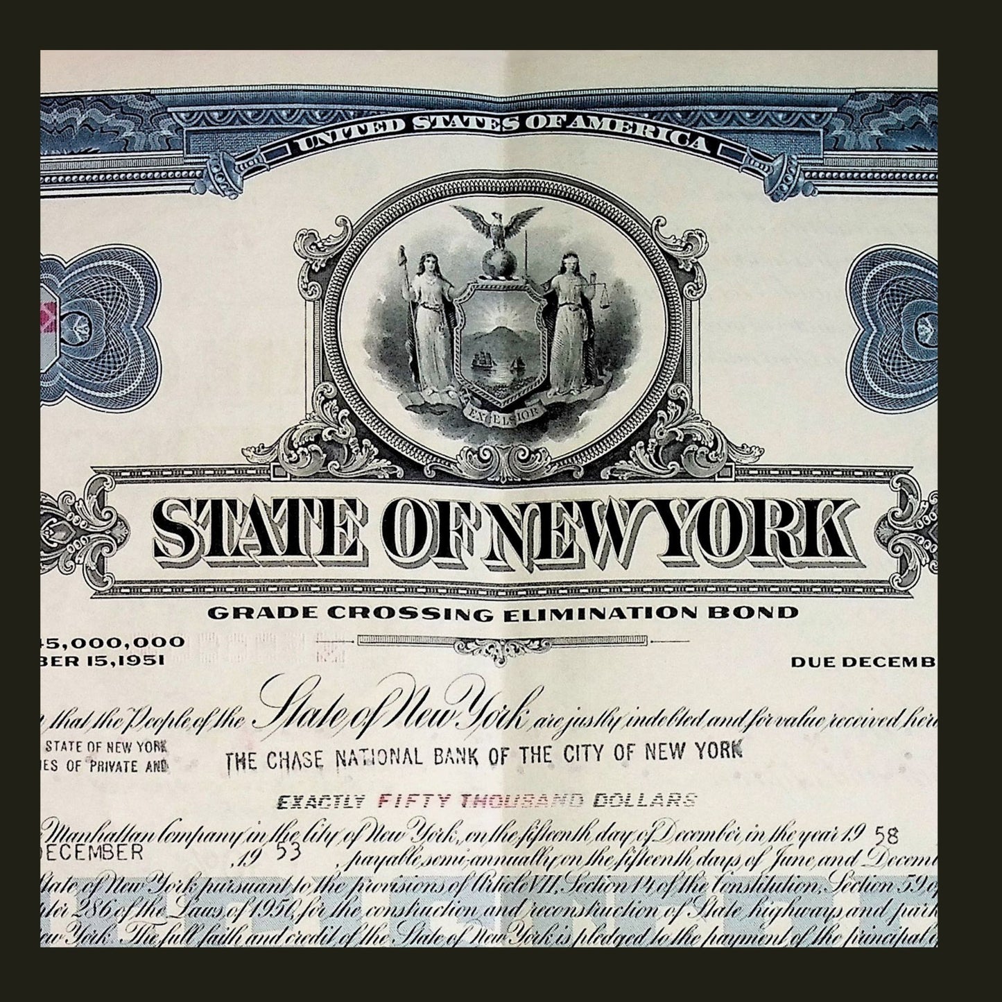 State of New York Grade Crossing Elimination Bond Certificate from 1950s
