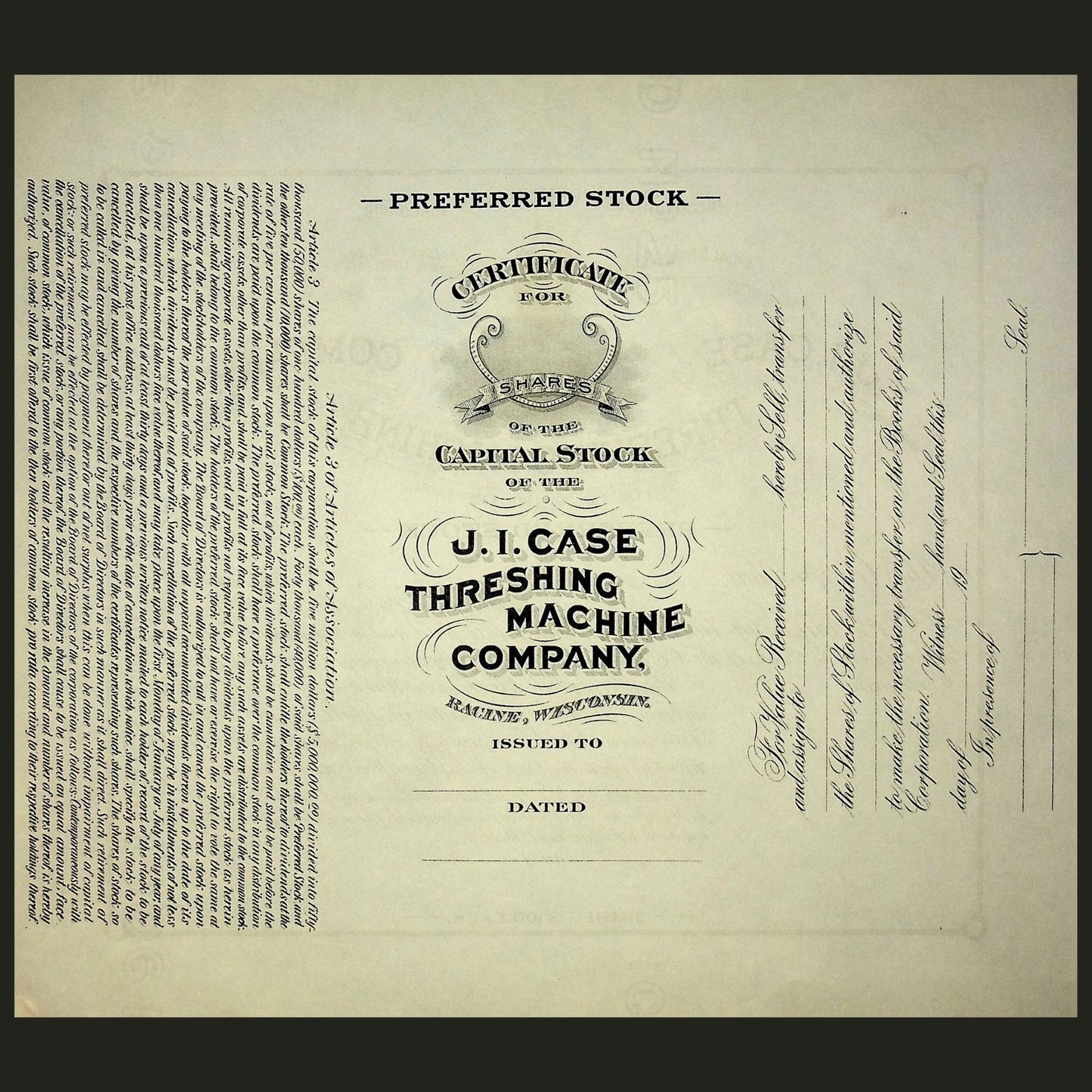 JI Case Company 脱粒机公司股票证书(1907 年)- 未发行