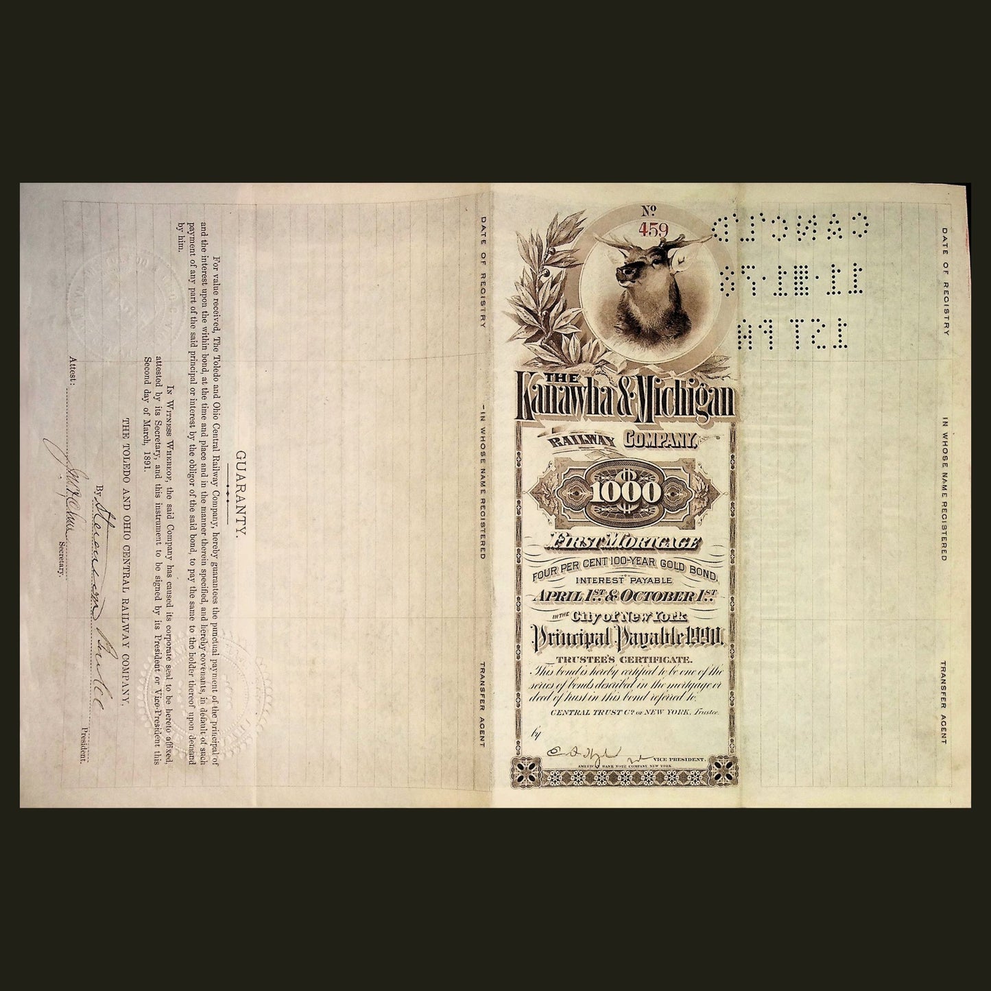 Kanawha & Michigan (West Virginia and Ohio) Railway Company Bond from 1890