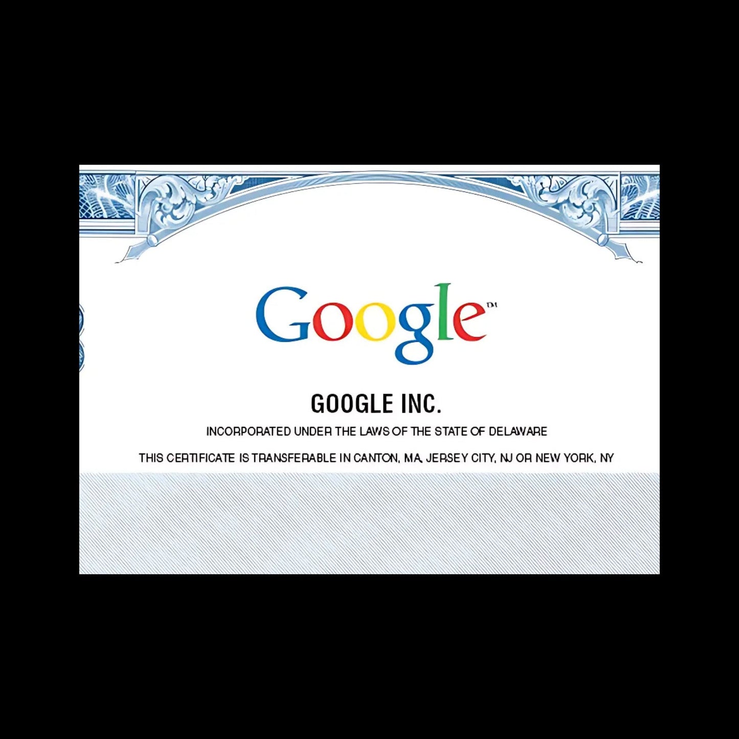 Google 股票证书复制品空白明信片