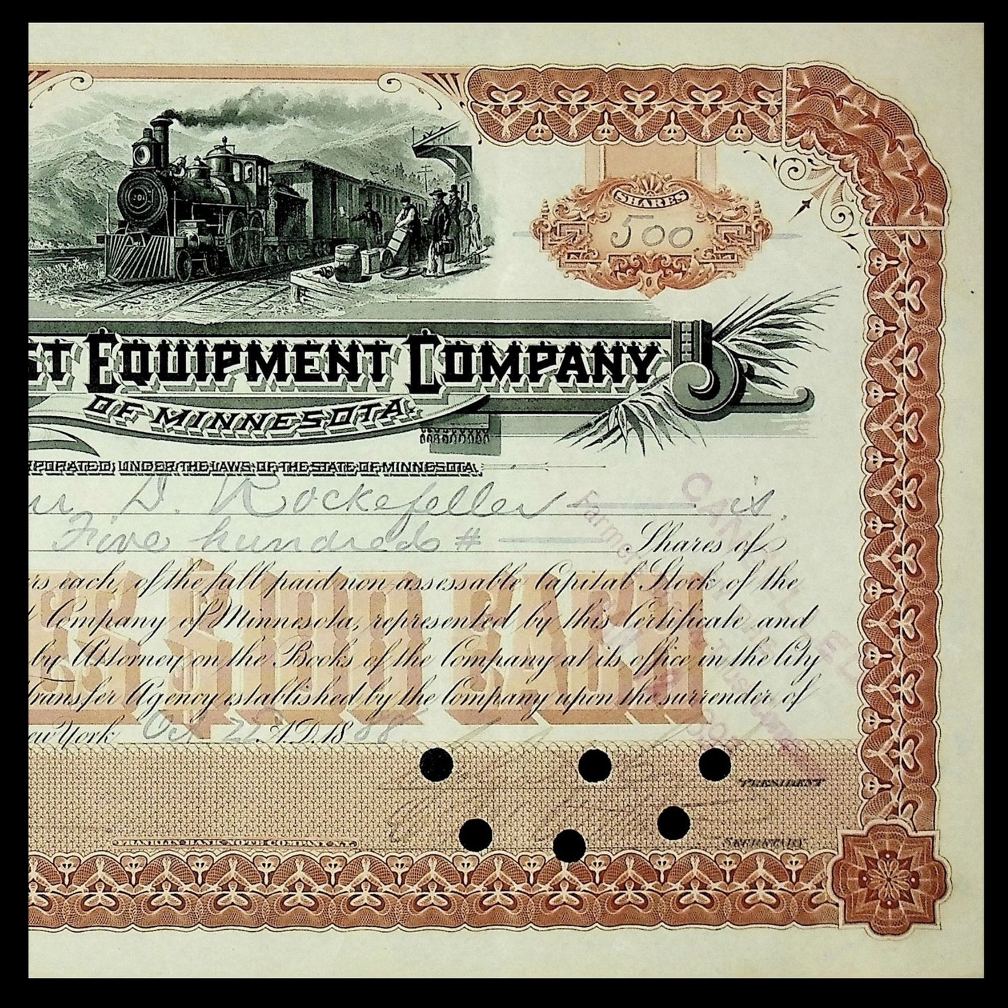 Signed by John D Rockefeller - Northwest Equipment Company Stock Certificate from 1888