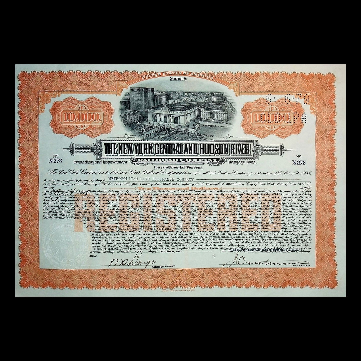 New York Central and Hudson River Railroad Company (with Grand Central) Bond Certificate from 1913