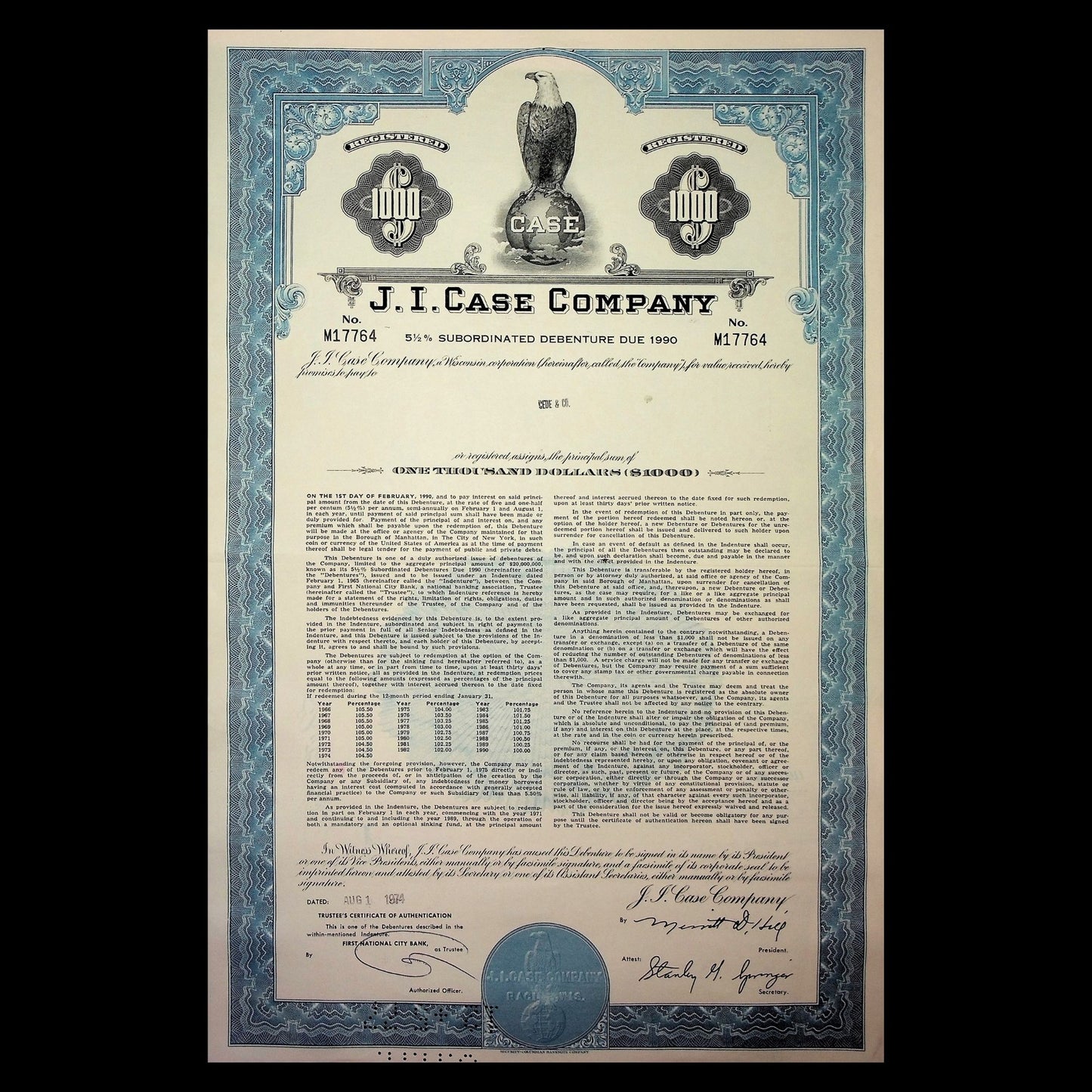 1960 年代/70 年代 JI Case 公司(拖拉机)债券证书